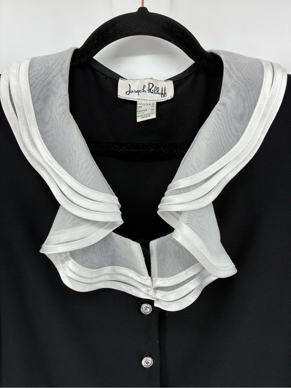 Joseph Ribkoff Black Blouse with White Ruffle Collar and Cuffs - Picture 3 of 11